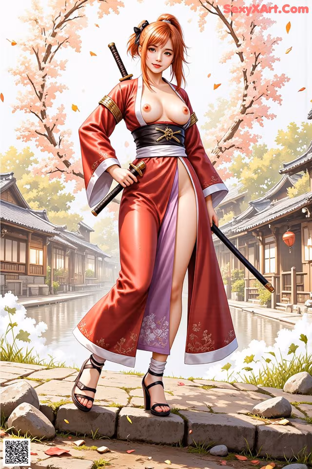 A woman in traditional attire holds swords, standing on a stone path with cherry blossoms and buildings in the background.