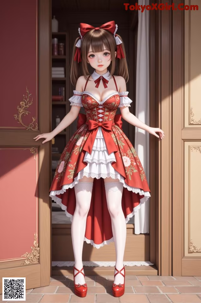 A woman in a red and white dress standing in front of a door.