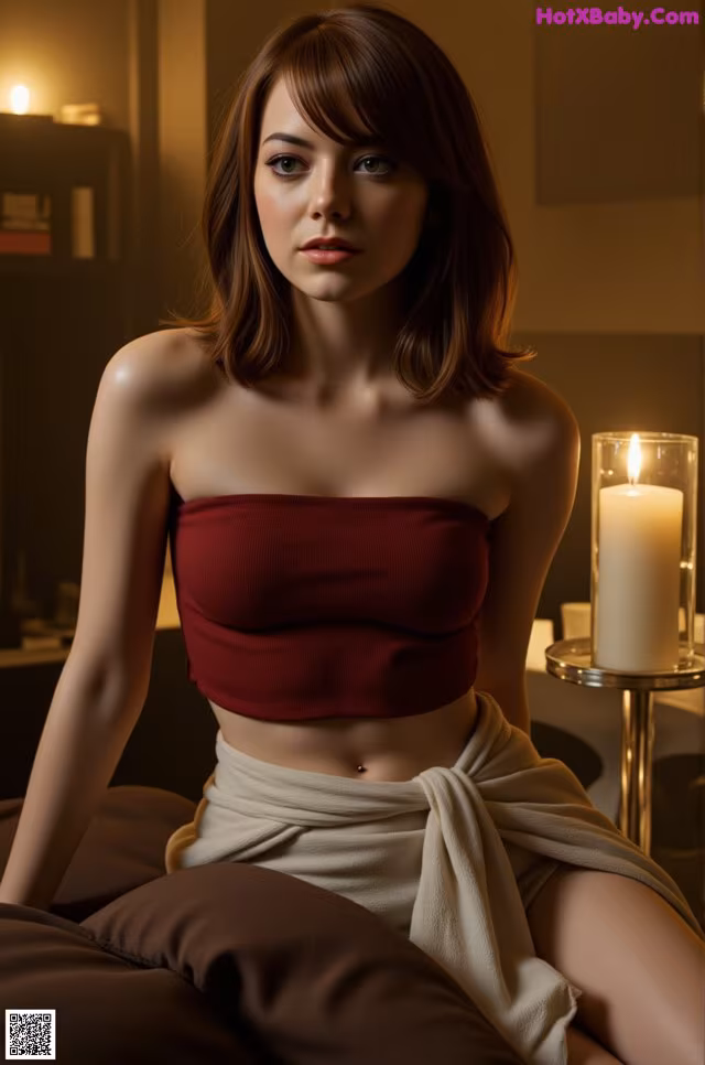 A woman sitting on a bed next to a candle.