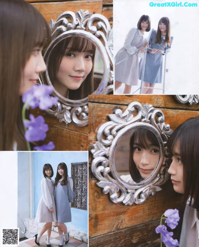 A collage of photos of a woman standing in front of a mirror.