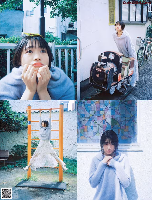 A collage of photos of a woman in a blue sweater.