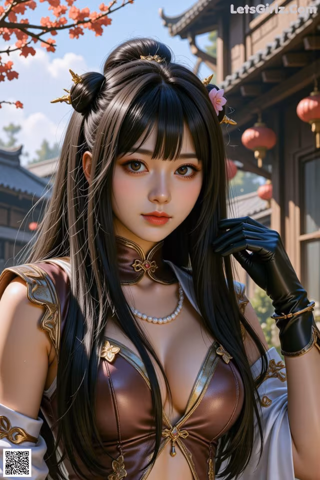 A woman with long black hair wearing a brown and white outfit.