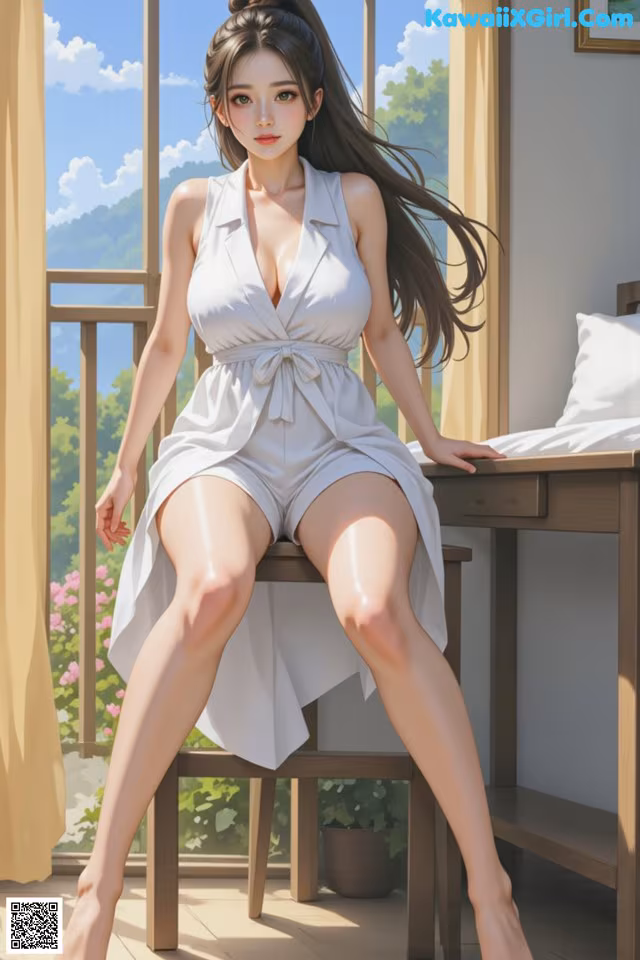 A woman in a white dress sitting on a chair.