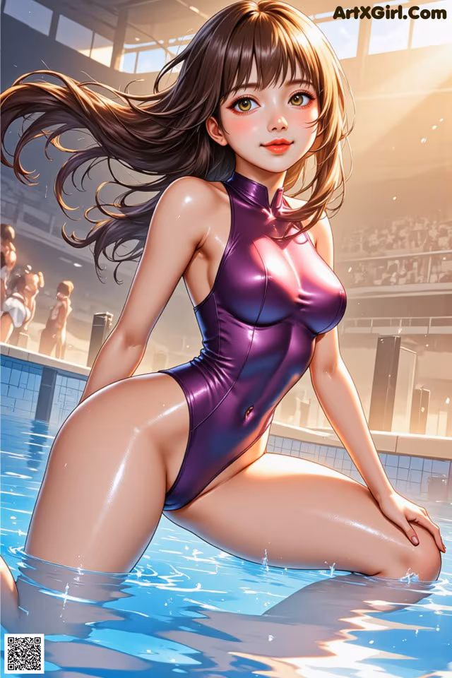 A woman in a purple bathing suit sitting in a pool.