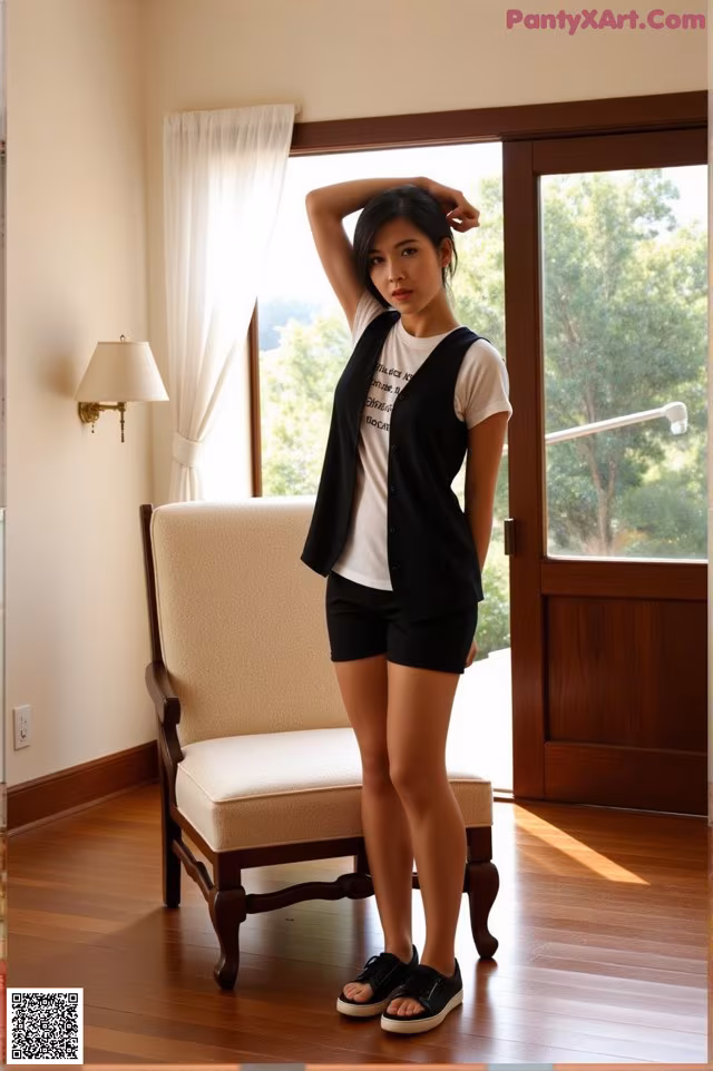 A woman standing in front of a window in a room.