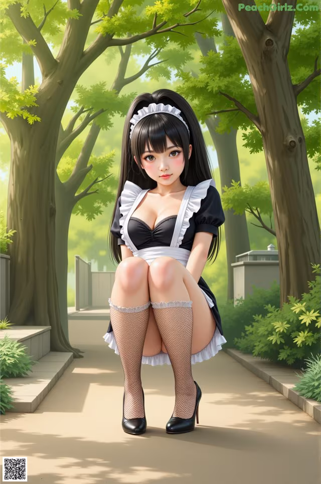 A woman in a maid outfit sitting on a sidewalk.