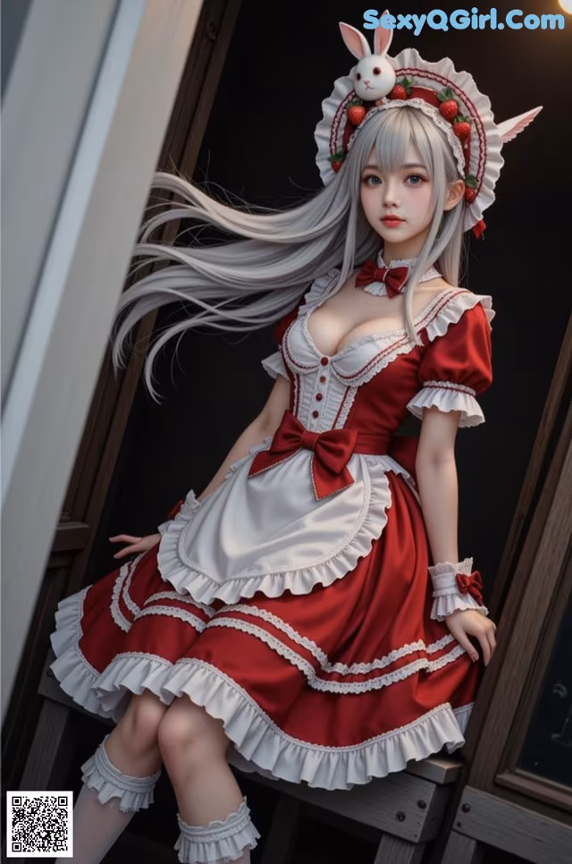 A woman in a red and white dress sitting on a bench.