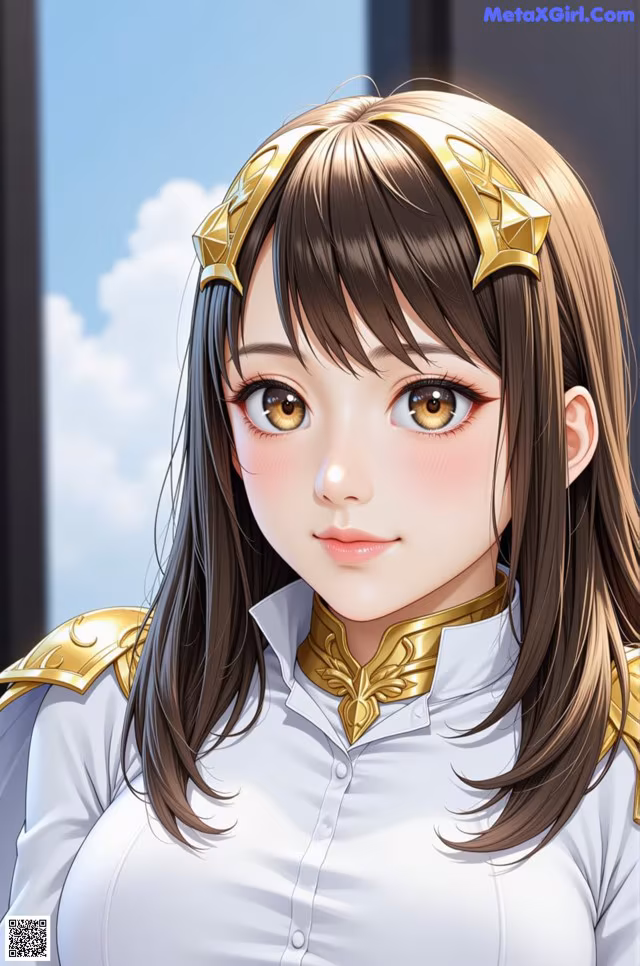 A girl in a white shirt with a gold headband.