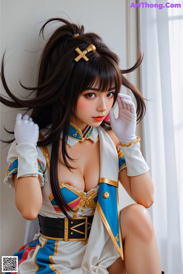 A woman in a cosplay outfit is posing for a picture.