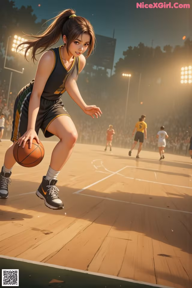 A woman in a basketball uniform dribbling a basketball on a court.