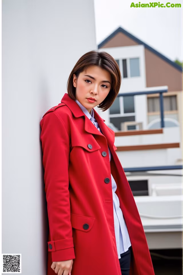A woman in a red coat leaning against a wall.