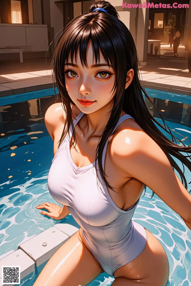 A woman in a white bathing suit sitting in a pool.