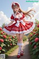 A woman in a red and white dress standing in a field of roses.