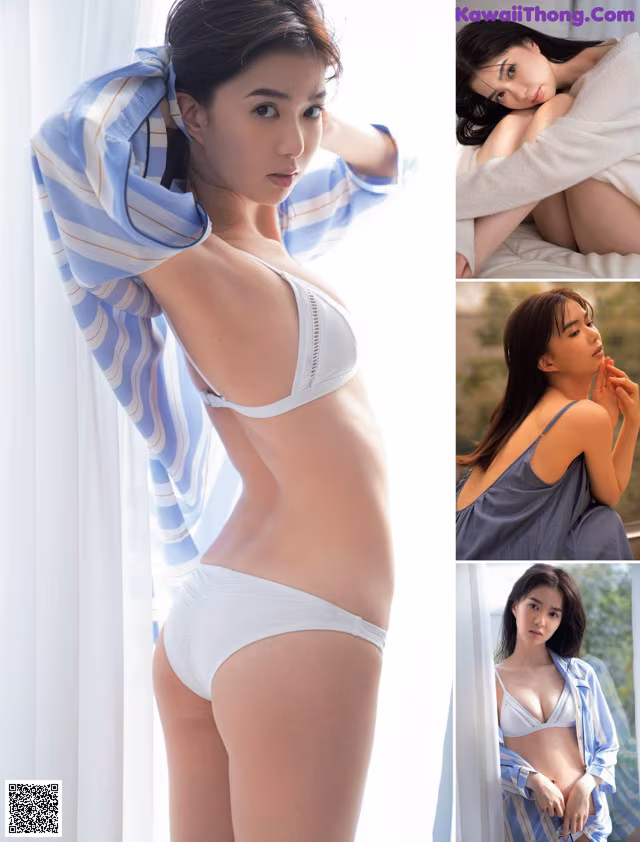 A woman in a white bikini posing in front of a window.