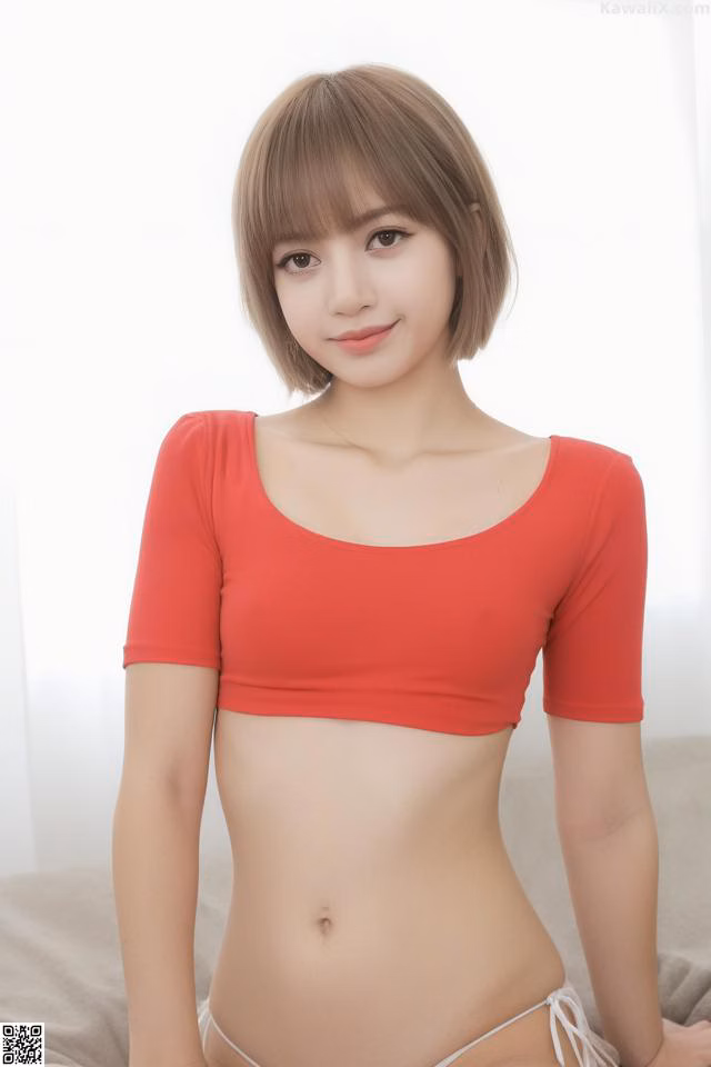 A woman in a red top and white panties posing on a bed.