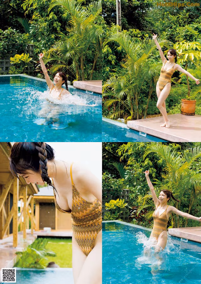 A woman in a bathing suit jumping into a swimming pool.