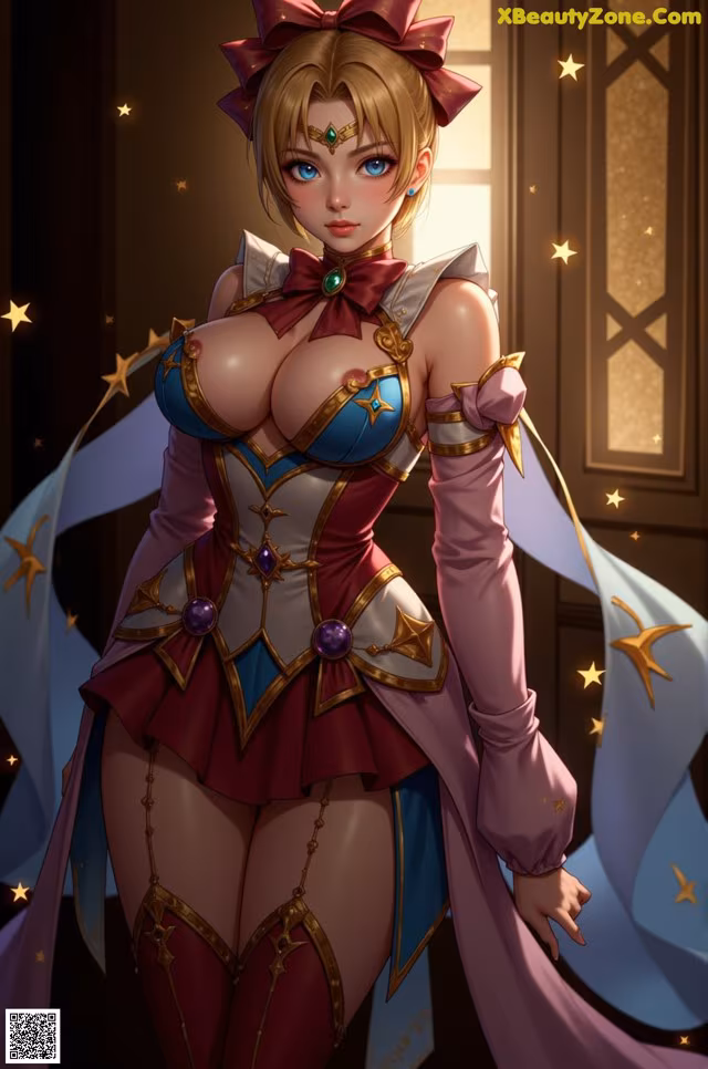 A woman in a red and blue outfit with a bow on her head.