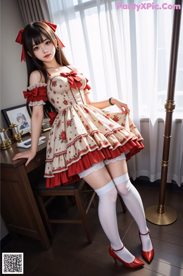 A woman in a red and white dress sitting at a desk.